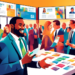 A vibrant illustration of a friendly mortgage broker at a networking event, exchanging business cards with potential clients in a lively and modern conference hall filled with diverse professionals di