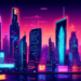 Digital artwork of a modern corporate skyline with glowing neon signs displaying logos of top B2B lead generation companies, set in a futuristic city at dusk.