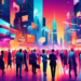 Vibrant, digital artwork of a bustling futuristic cityscape with glowing billboards displaying logos of top B2B lead generation companies in 2023, with professionals in business attire engaging in dyn