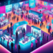 A professional and intricate digital artwork of a bustling futuristic marketplace representing the top B2B lead generation firms, with holographic displays and interactive booths showcasing various hi