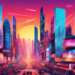 An artistic rendering of a futuristic city skyline at sunset, with illuminated billboards displaying logos of the top demand generation companies to watch in 2023, bustling streets below filled with d