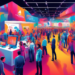 An artistic and detailed digital painting of a bustling 2023 corporate technology fair, showcasing vibrant booths with engaged crowds and cutting-edge technology demonstrations by the top demand gener