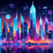 Create a digital artwork depicting a futuristic city skyline with glowing billboards displaying logos of top lead generation companies, while business professionals using advanced gadgets interact wit