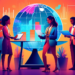 An artistic and vibrant digital illustration of diverse business professionals from various ethnicities collaboratively working around a large, glowing globe. Each professional is holding a digital de