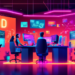 Create an image of a bustling digital marketing office, with screens displaying graphs and analytics, a diverse team of professionals brainstorming and interacting, and a large, glowing neon sign in t