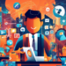 An artistic visualization of a professional contractor surrounded by modern digital tools and icons representing various lead generation strategies like social media, email marketing, network connecti