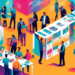 An illustrated digital poster depicting various contractors networking at a vibrant and bustling trade show, engaging with potential clients and showcasing innovative tools, with vibrant text overlays