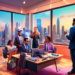 A digital painting of a bustling real estate office, with agents engaged in various lead generation activities: one using virtual reality to give a property tour, another hosting a webinar on home buy