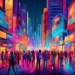 An artistic digital collage illustrating a bustling cityscape, where each building features a vibrant display of different top lead generation websites, portrayed as storefronts with glowing neon sign