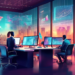 Digital artwork of a high-tech, bustling real estate office, with diverse agents analyzing data on multiple futuristic screens displaying graphs and maps, in a sleek, modern urban setting.