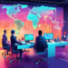 An artistic representation of a bustling office with diverse real estate professionals gathered around a futuristic, holographic display showing dynamic, rising graphs and interactive property maps, s