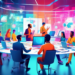 A vibrant, digitally-rendered office scene showing a diverse group of marketing professionals engaging in a brainstorming session around a large, glass table filled with high-tech devices and digital