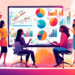 An artistically designed office setting with a diverse group of marketing professionals brainstorming around a high-tech digital whiteboard, displaying colorful charts and graphs related to lead gener