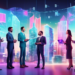 Digital artwork depicting a group of diverse real estate agents strategizing around a holographic display of a city, with digital graphs and property statistics floating in the air.