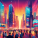 An imaginative digital artwork of a bustling cityscape with skyscrapers, each adorned with giant, glowing billboards showcasing dynamic, modern advertisements specifically designed for realtor service