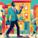 An illustration of a busy real estate agent juggling various tools like a smartphone, laptop, and paperwork, standing on a colorful street filled with houses and potential buyers, symbolizing innovati