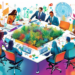 An artistic depiction of a diverse group of professionals collaboratively working around a high-tech digital table highlighting innovative strategies, with visual metaphors like magnets drawing in lea