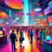 An imaginative digital painting of a bustling futuristic marketplace where business professionals use advanced technology and innovative strategies to attract and engage with potential leads. The scen