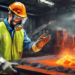 Create an image of a professional safety instructor demonstrating the safe handling of molten lead in a controlled industrial environment. The background shows various safety posters related to handli