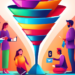 Visualize an intricate digital illustration of a funnel divided into several colorful segments, each labeled with different stages such as 'Awareness', 'Interest', 'Decision', and 'Action'. Include re