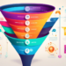 An illustration of a detailed, multi-layered marketing funnel with various stages labeled from awareness to conversion, filled with icons representing different marketing tools and strategies, vibrant