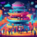 An intricate digital illustration of a large funnel divided into colorful layers, each layer filled with icons and people engaging in different activities related to marketing and sales, set in a futu