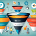 Visualize a detailed infographic illustrating the stages of a lead generation funnel, with icons representing different digital marketing tools and tactics, and arrows showing the flow from awareness