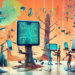 An imaginative digital workshop where anthropomorphic trees equipped with futuristic devices are efficiently organizing and analyzing streams of bark patterns while surrounded by high-tech screens and