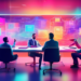 An engaging digital artwork of a modern corporate office environment, with business professionals holding a brainstorming session around a large, futuristic holographic display that showcases a dynami