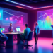 A group of diverse professionals gathered around a futuristic, holographic display showing graphs and statistics, in a modern, high-tech office environment with the logo of a B2B lead generation agenc