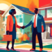 An artistic representation of a real estate agent shaking hands with a potential buyer in front of a sold home, with a laptop displaying dynamic graphs and lists of real estate leads, all set in a vib