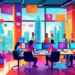 An illustration of a bustling digital marketing office with a diverse team of professionals brainstorming around a high-tech table filled with laptops and digital devices, colorful flowcharts and grap