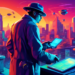 Digital illustration of a futuristic detective with high-tech gadgets, scanning a vibrant cityscape from a rooftop at sunset, in search of hidden treasures representing free lead finder tools for busi