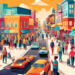 A vibrant digital artwork depicting a bustling small town main street where diverse business owners are successfully engaging with technology and interacting with potential clients, illustrating vario