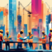 A vivid digital artwork showcasing a bustling construction site with diverse builders and architects discussing over blueprints, set against a backdrop of a growing city skyline, with a visible billbo