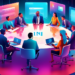 Digital illustration of a professional business meeting, with diverse people around a high-tech, holographic table displaying LinkedIn interface, brainstorming B2B lead generation strategies.