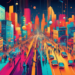 An artistic representation of a bustling cityscape where digital networks and human interactions merge seamlessly, symbolizing lead generation and business growth. Include vibrant, interconnected line