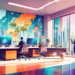 An elegant and modern office filled with real estate professionals using high-tech tools and brainstorming around a digital interactive map of the city to maximize leads, illustrated in a bright, cont