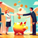 Digital artwork depicting a successful real estate agent shaking hands with a client, exchanging keys in front of a sold house, with a large transparent piggy bank filled with coins and dollars floati