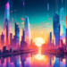 An artistic visualization of dynamic digital landscapes, each representing a different competitor to Leadfeeder in 2023, with futuristic cityscapes labeled with company logos under a clear sky at suns