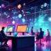 A futuristic, digital-art style illustration of a busy, high-tech office space where multiple professionals are engaged in discussions and working on holographic interfaces showing graphs and data ana