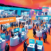 A bustling, futuristic corporate trade show floor with various innovative and high-tech booths, each vividly branded with futuristic logos and interactive displays, representing the top mortgage lead