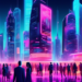 A futuristic cityscape with diverse, bustling real estate offices marked by glowing neon signs, each displaying a prominent logo of a top real estate lead generation company from 2023, as busy profess