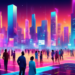 A futuristic digital marketplace bustling with activity, featuring people of diverse backgrounds interacting with holographic displays of various properties, each marked with vibrant, glowing signs in