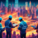 An intricate digital artwork depicting construction workers analyzing a glowing, futuristic map that highlights various leads and opportunities all over a bustling cityscape at dusk.