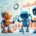 An engaging digital illustration depicting three SEO tools, Semrush, Ahrefs, and Rank Math, each represented as friendly, animated robot characters standin