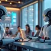 Create an image of a futuristic newsroom where robots and humans are working side by side. The robots are designed with sleek, intuitive interfaces, and th