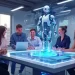 Create an image depicting a futuristic office setting where a digital marketing team is gathered around a high-tech table display. On the display, animated