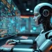 Create an image that portrays the concept of AI and SEO merging in a futuristic setting. Imagine a sleek, high-tech control room where a humanoid AI, depic