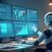 Create an image of a futuristic office space where a highly advanced AI robot sits at a desk filled with multiple computer screens displaying SEO analytics